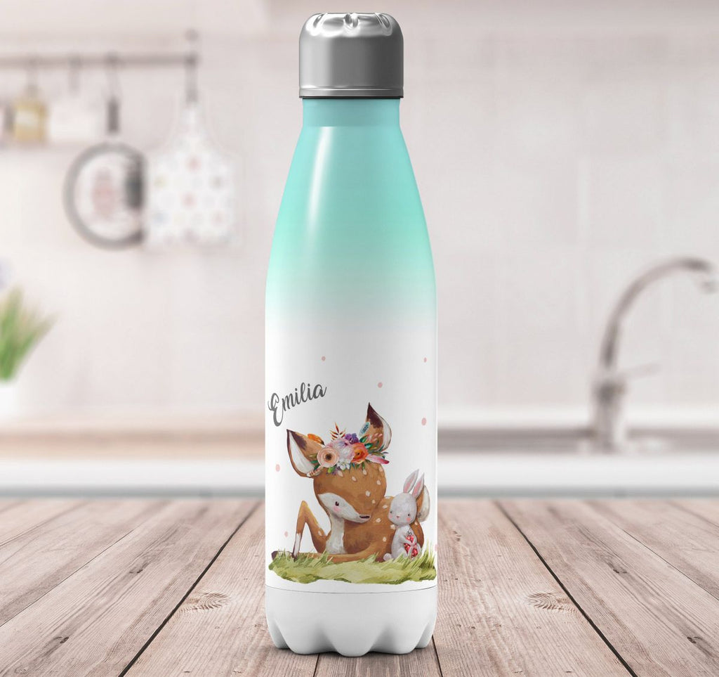 Thermo Trinkflasche Süßes Rehkitz mit Hase im Gras personalisiert mit Wunschname - von Mikalino