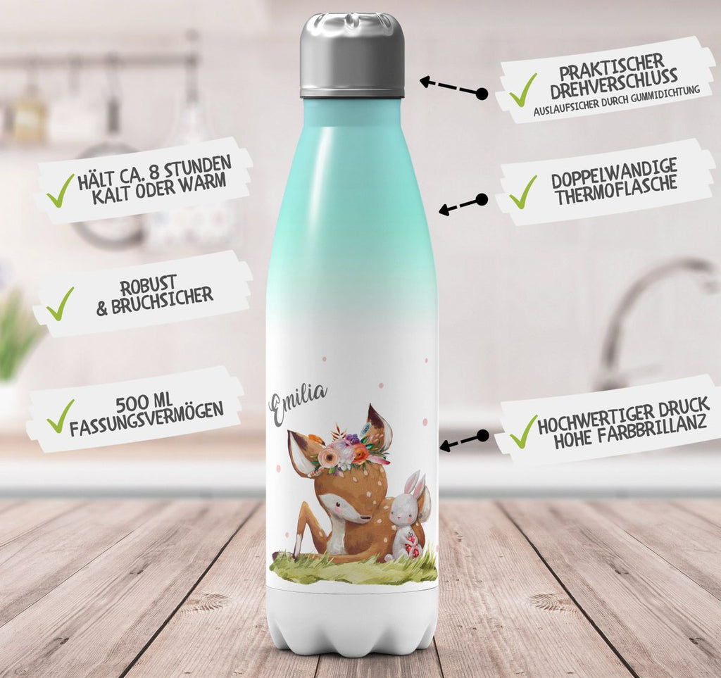 Thermo Trinkflasche Süßes Rehkitz mit Hase im Gras personalisiert mit Wunschname - von Mikalino