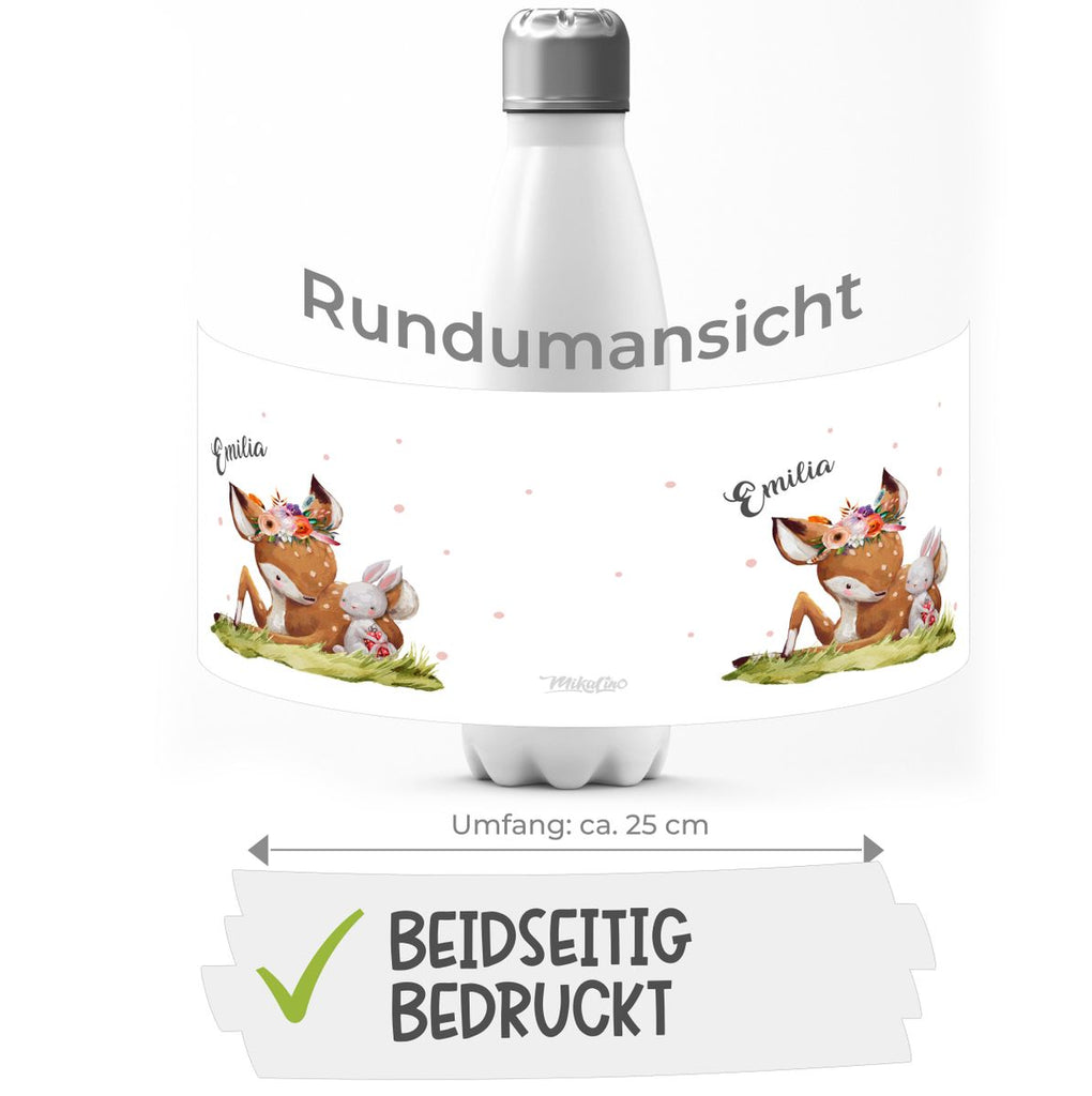 Thermo Trinkflasche Süßes Rehkitz mit Hase im Gras personalisiert mit Wunschname - von Mikalino