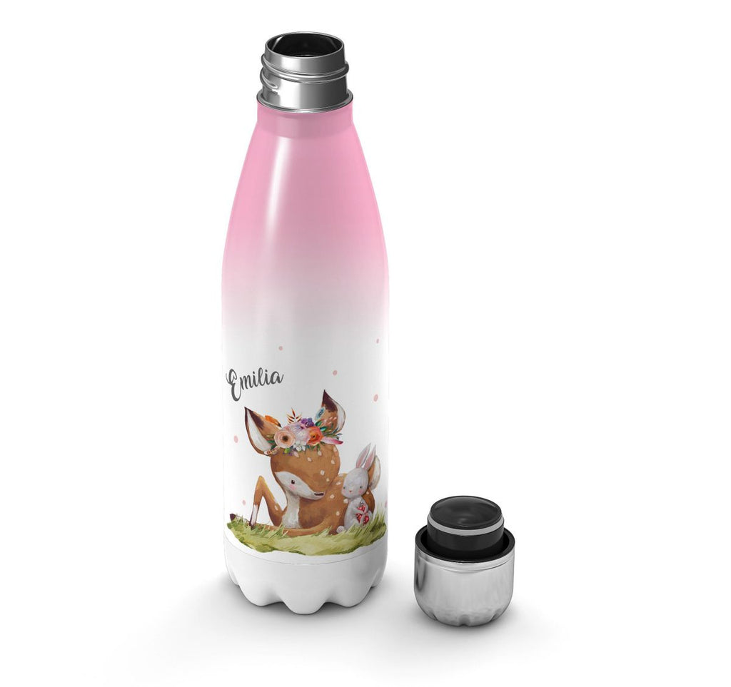 Thermo Trinkflasche Süßes Rehkitz mit Hase im Gras personalisiert mit Wunschname - von Mikalino