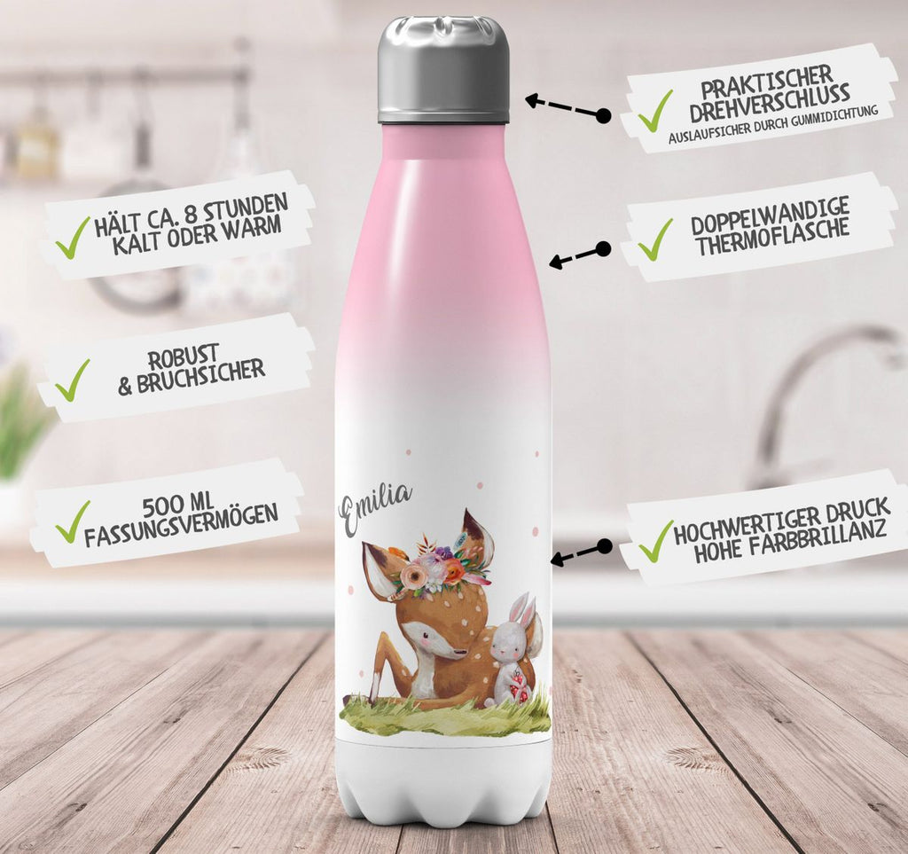 Thermo Trinkflasche Süßes Rehkitz mit Hase im Gras personalisiert mit Wunschname - von Mikalino