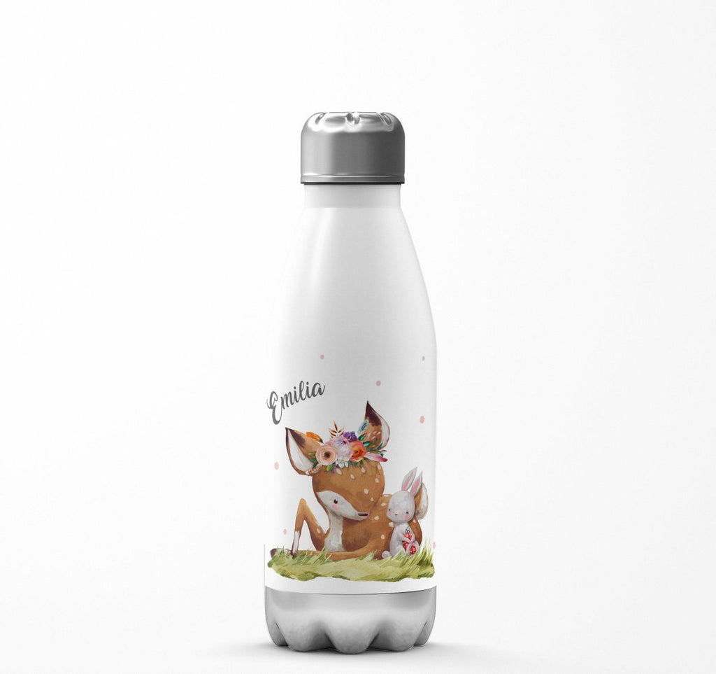 Thermo Trinkflasche Süßes Rehkitz mit Hase im Gras personalisiert mit Wunschname - von Mikalino