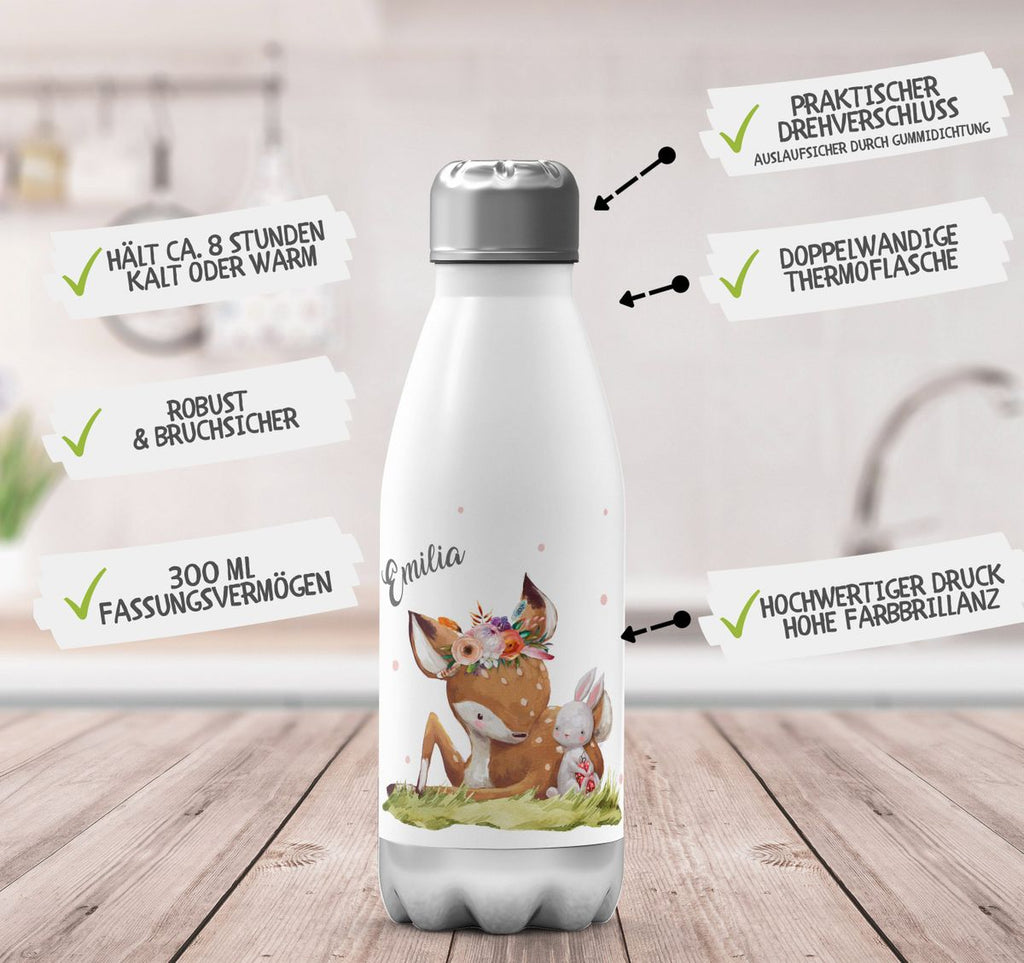 Thermo Trinkflasche Süßes Rehkitz mit Hase im Gras personalisiert mit Wunschname - von Mikalino