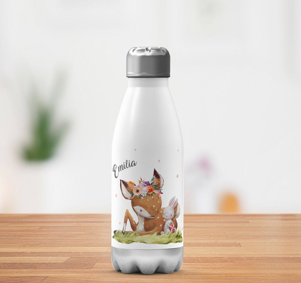 Thermo Trinkflasche Süßes Rehkitz mit Hase im Gras personalisiert mit Wunschname - von Mikalino