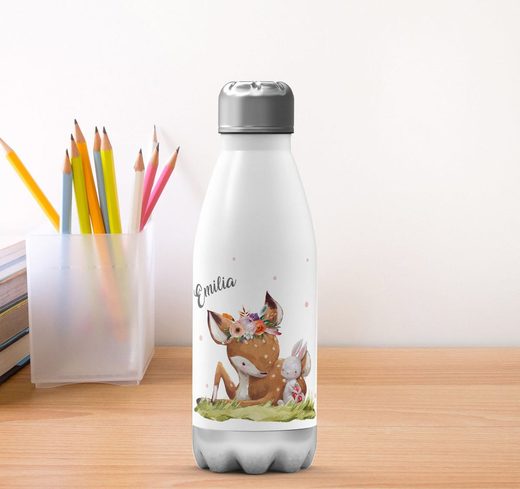 Thermo Trinkflasche Süßes Rehkitz mit Hase im Gras personalisiert mit Wunschname - von Mikalino