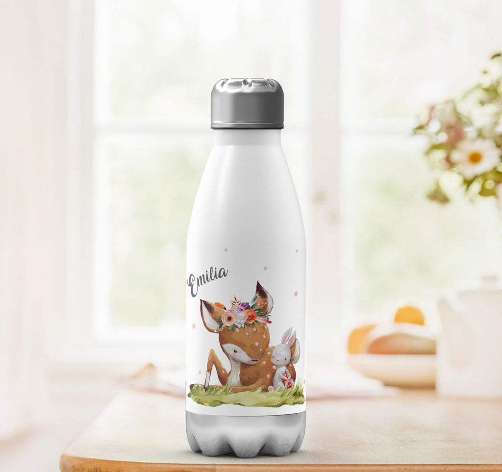 Thermo Trinkflasche Süßes Rehkitz mit Hase im Gras personalisiert mit Wunschname - von Mikalino