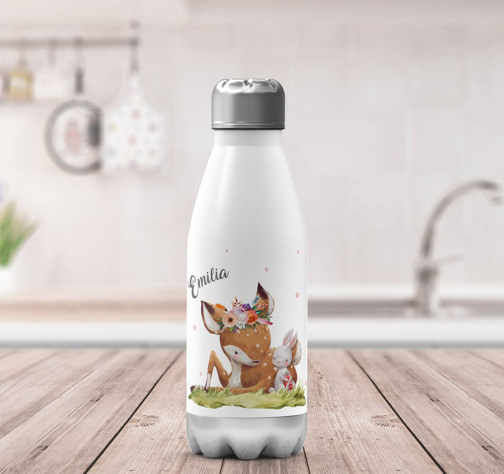 Thermo Trinkflasche Süßes Rehkitz mit Hase im Gras personalisiert mit Wunschname - von Mikalino