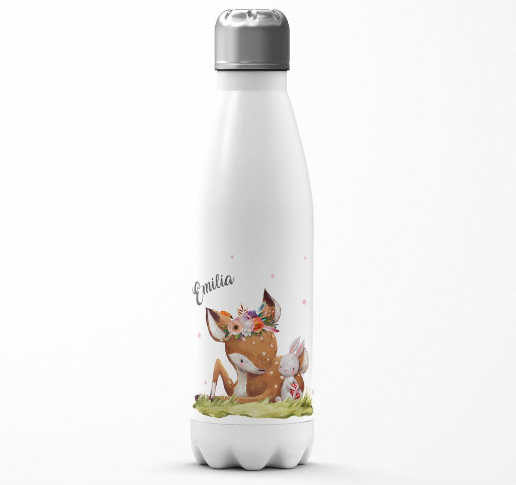 Thermo Trinkflasche Süßes Rehkitz mit Hase im Gras personalisiert mit Wunschname - von Mikalino