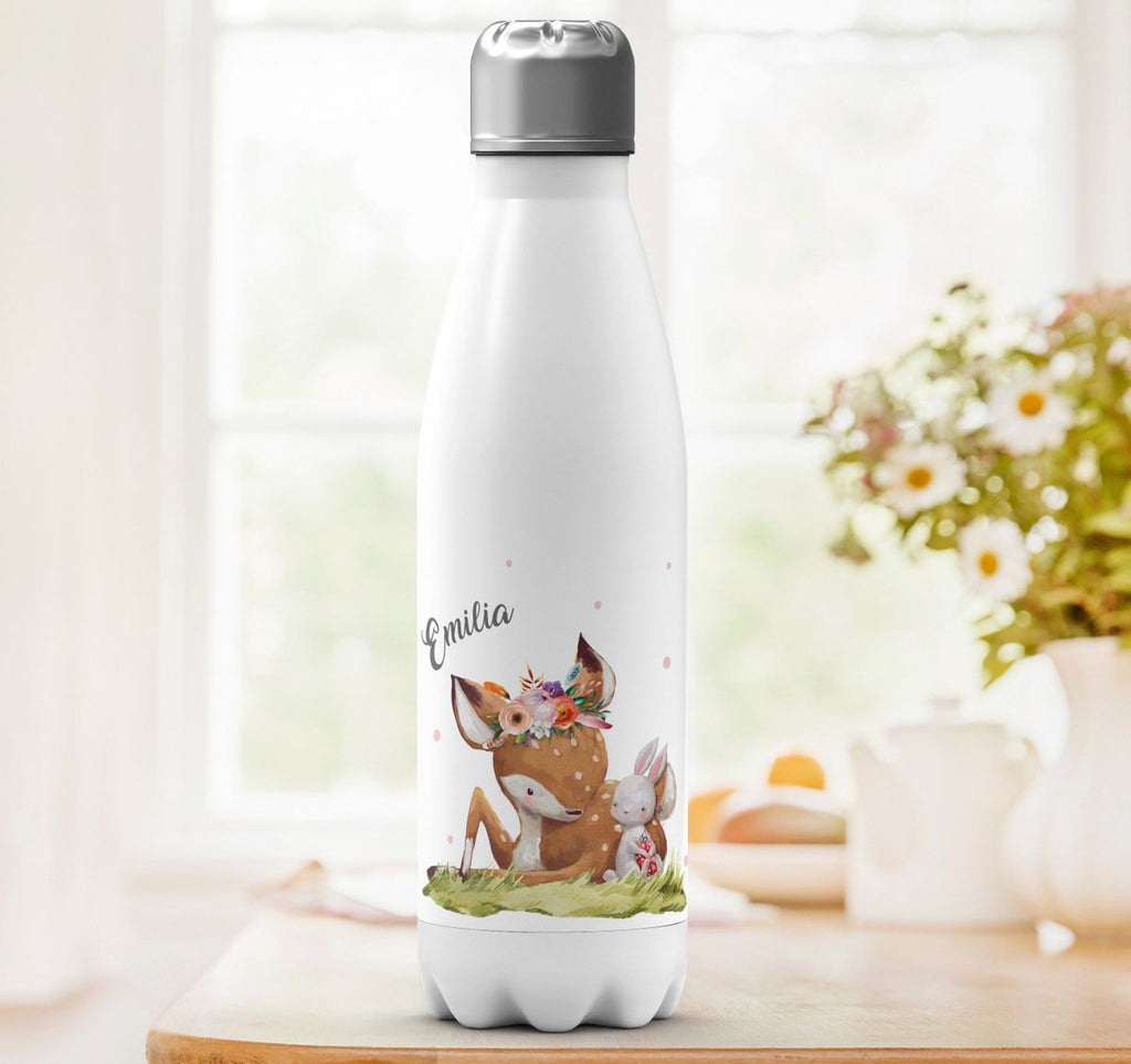 Thermo Trinkflasche Süßes Rehkitz mit Hase im Gras personalisiert mit Wunschname - von Mikalino