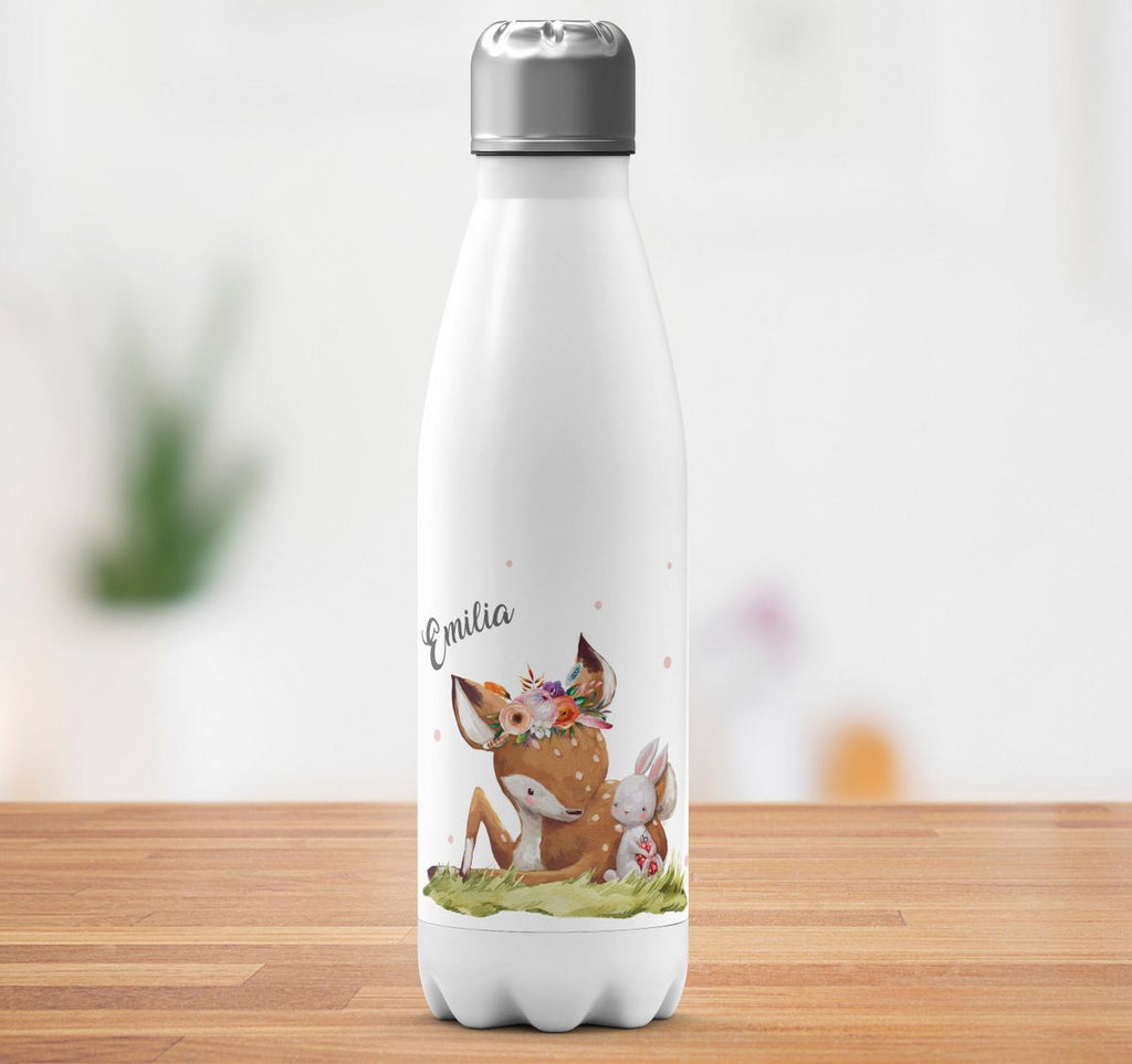 Thermo Trinkflasche Süßes Rehkitz mit Hase im Gras personalisiert mit Wunschname - von Mikalino