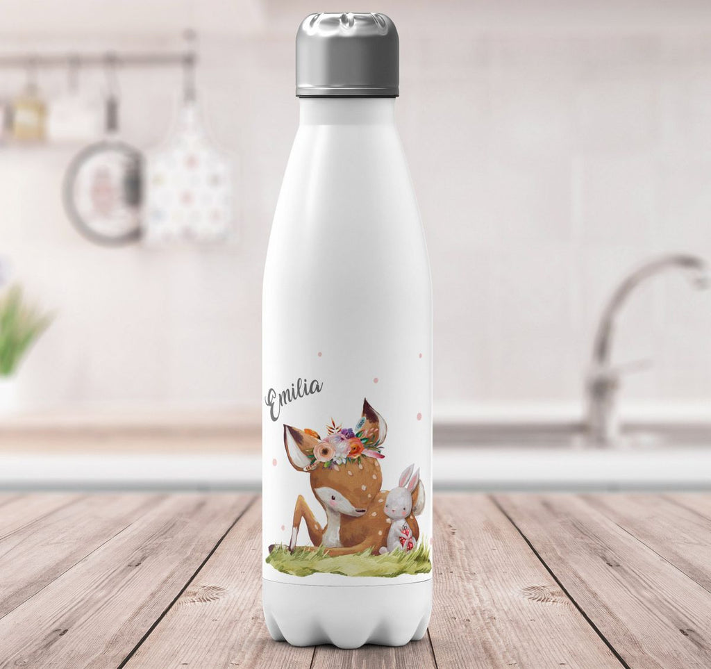 Thermo Trinkflasche Süßes Rehkitz mit Hase im Gras personalisiert mit Wunschname - von Mikalino