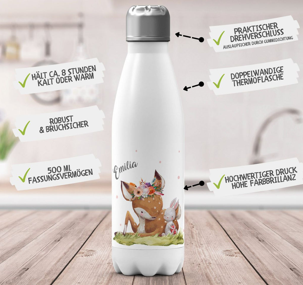 Thermo Trinkflasche Süßes Rehkitz mit Hase im Gras personalisiert mit Wunschname - von Mikalino