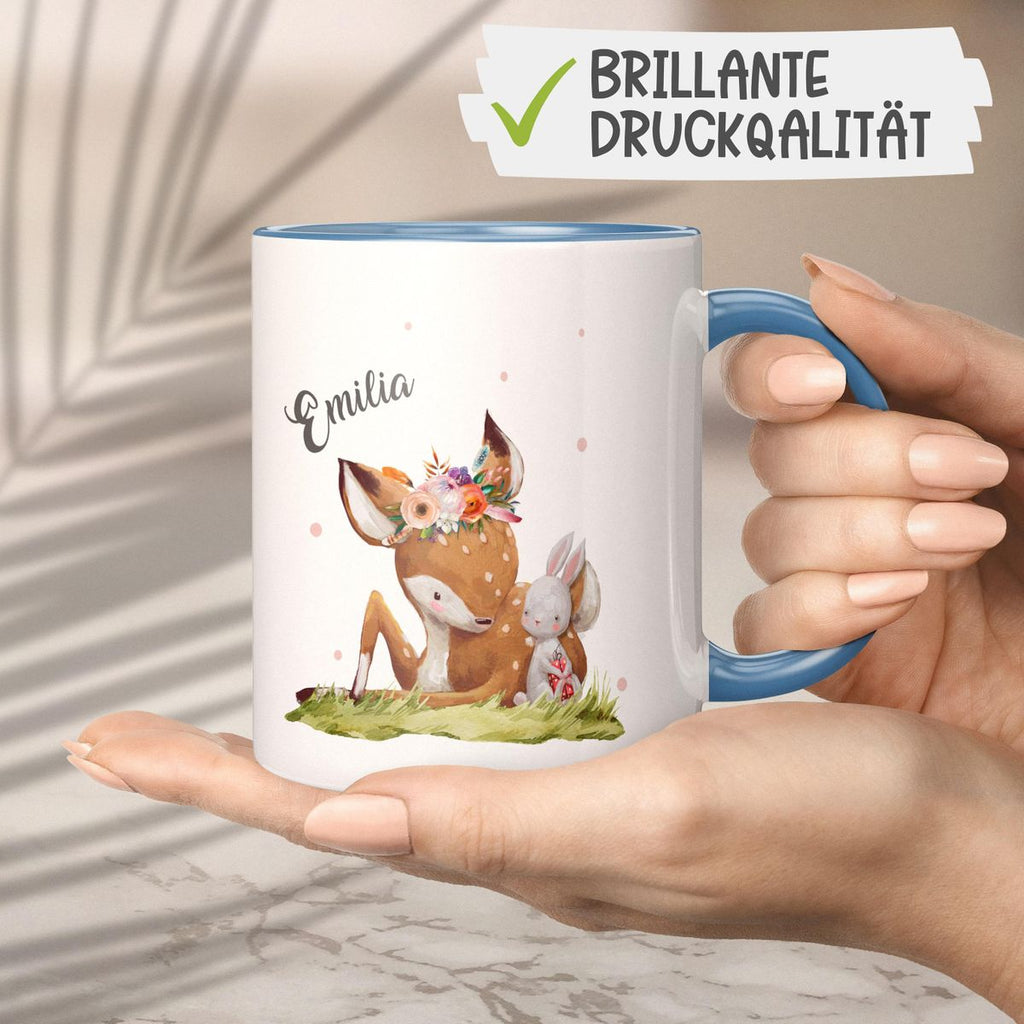 Keramik Tasse Süßes Rehkitz mit Hase im Gras personalisiert mit Wunschname - von Mikalino