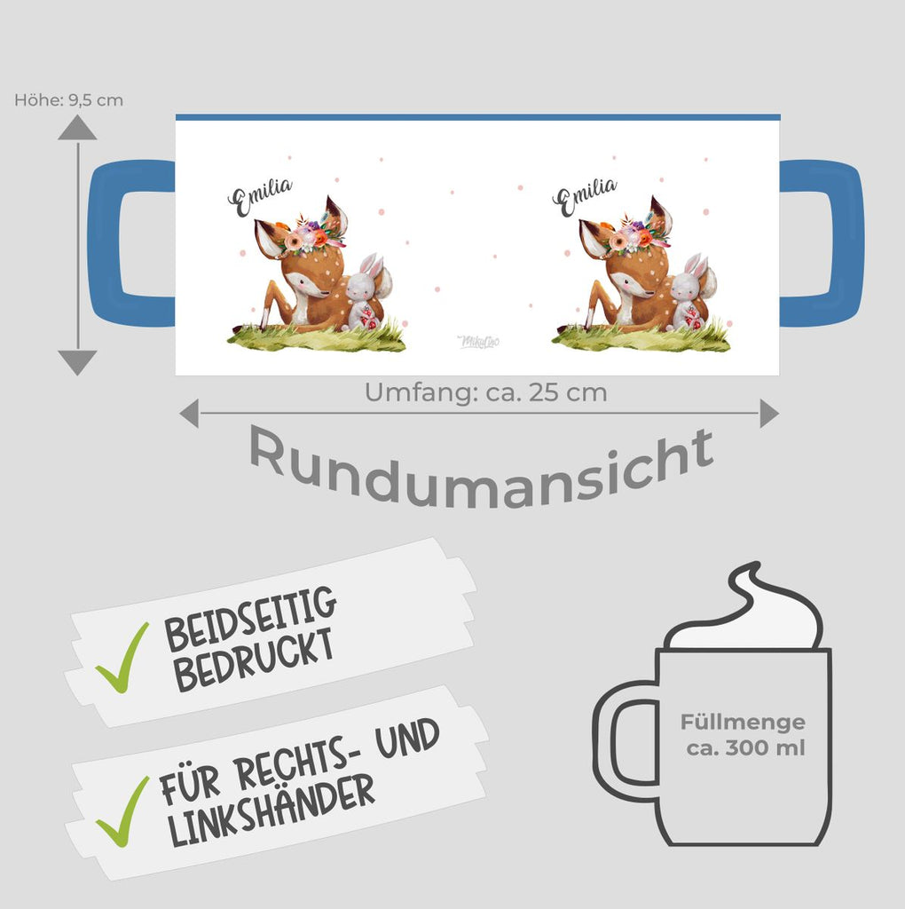 Keramik Tasse Süßes Rehkitz mit Hase im Gras personalisiert mit Wunschname - von Mikalino