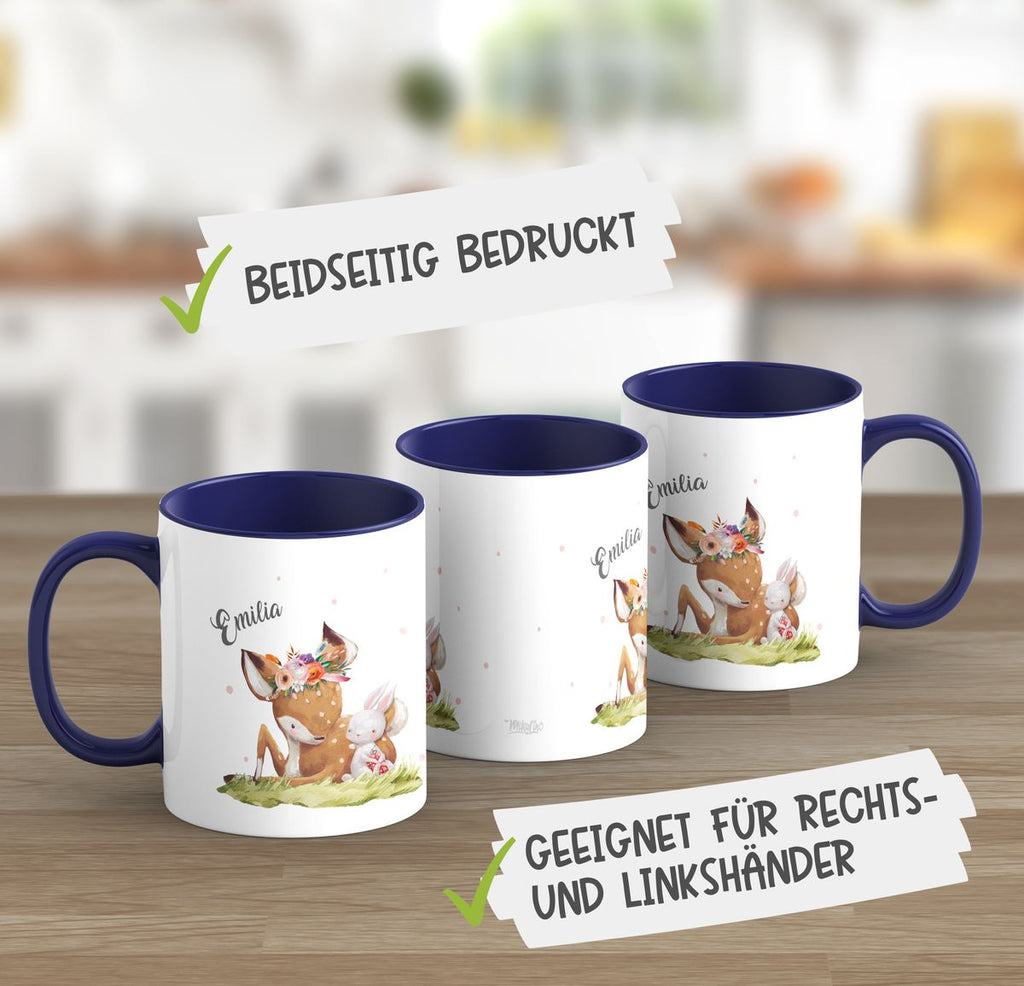 Keramik Tasse Süßes Rehkitz mit Hase im Gras personalisiert mit Wunschname - von Mikalino