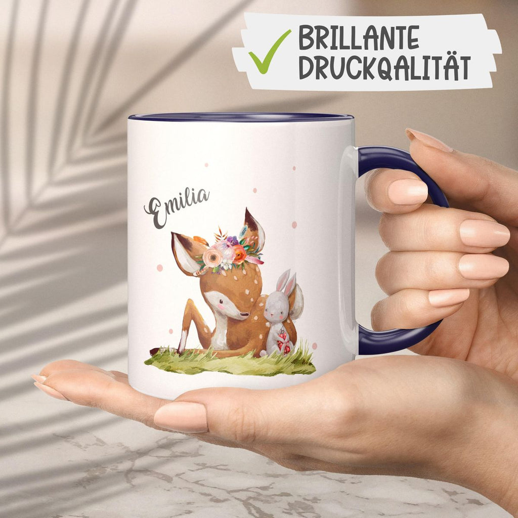 Keramik Tasse Süßes Rehkitz mit Hase im Gras personalisiert mit Wunschname - von Mikalino