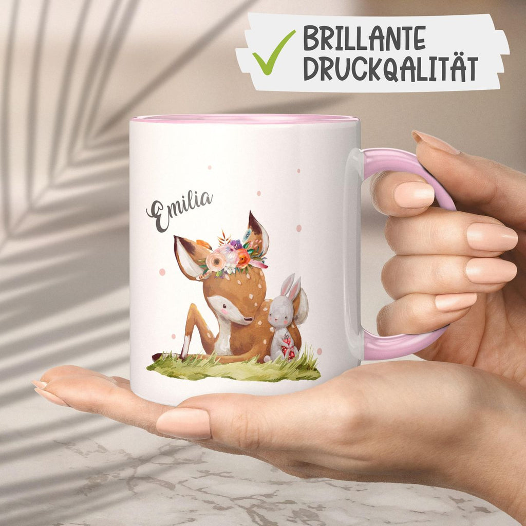 Keramik Tasse Süßes Rehkitz mit Hase im Gras personalisiert mit Wunschname - von Mikalino