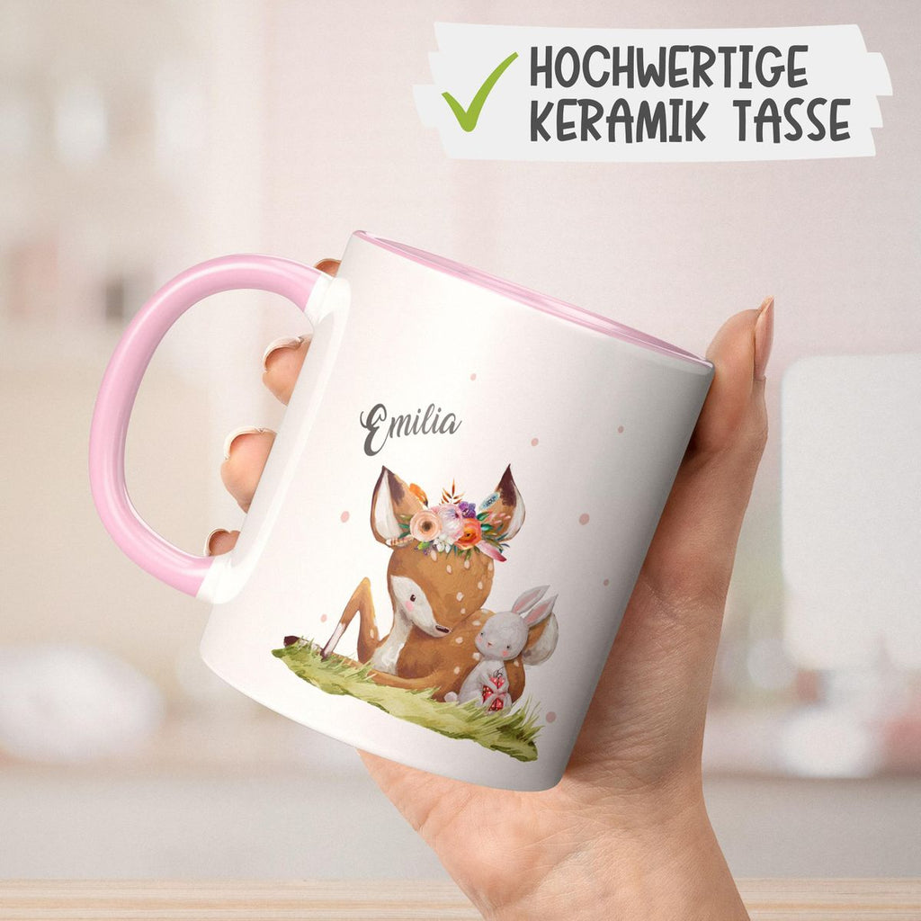 Keramik Tasse Süßes Rehkitz mit Hase im Gras personalisiert mit Wunschname - von Mikalino