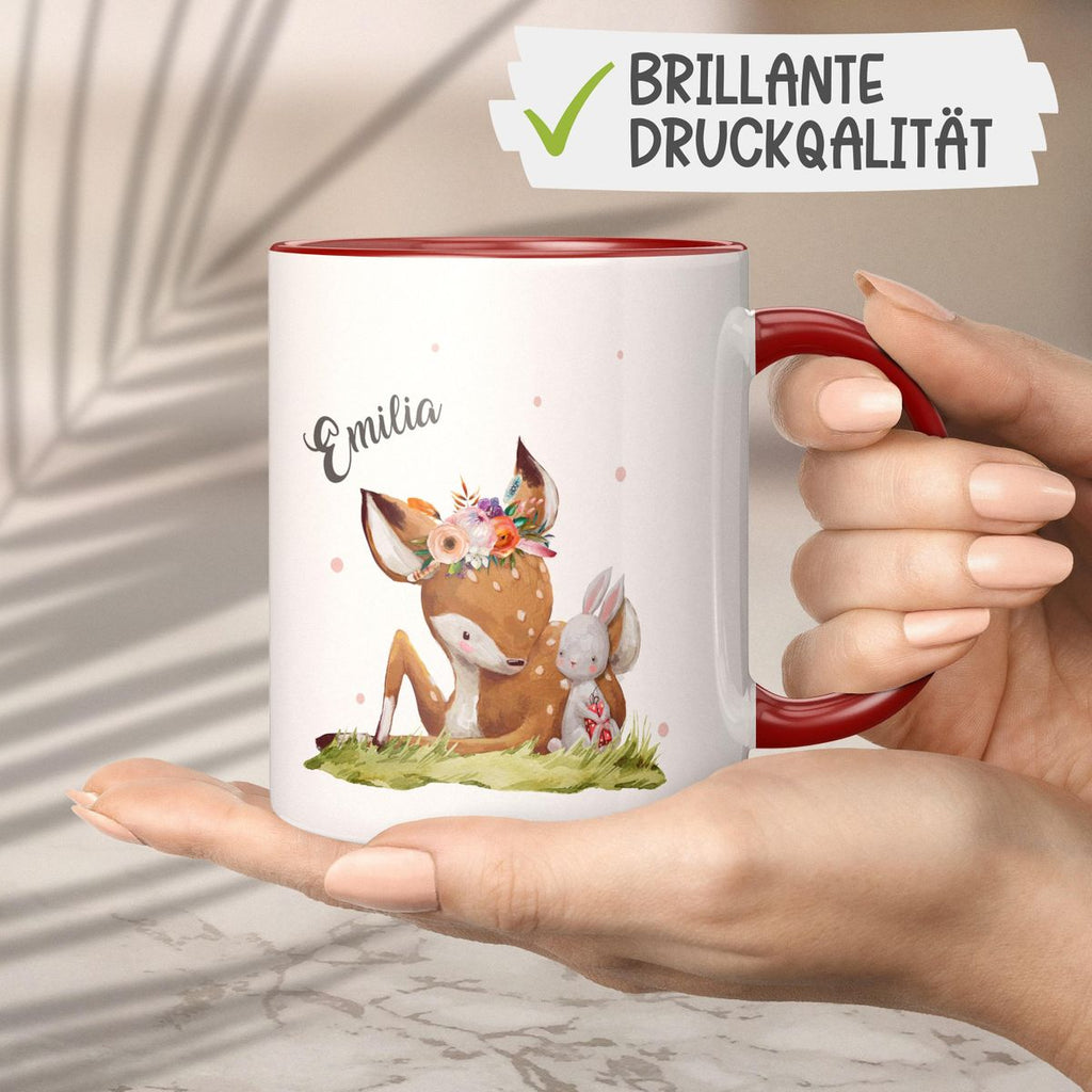 Keramik Tasse Süßes Rehkitz mit Hase im Gras personalisiert mit Wunschname - von Mikalino