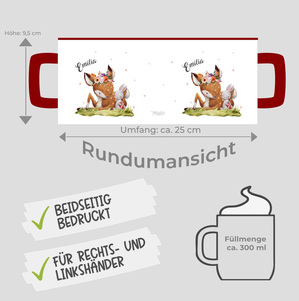 Keramik Tasse Süßes Rehkitz mit Hase im Gras personalisiert mit Wunschname - von Mikalino