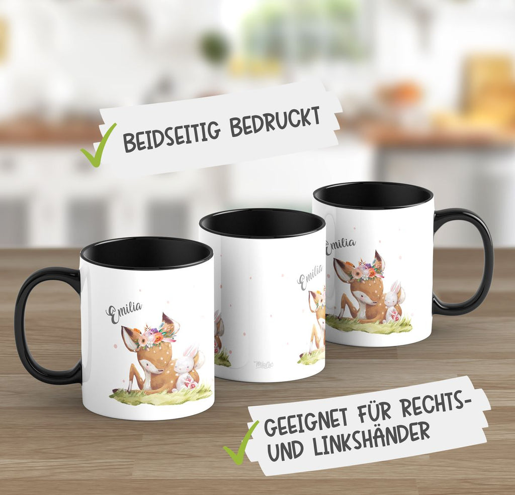 Keramik Tasse Süßes Rehkitz mit Hase im Gras personalisiert mit Wunschname - von Mikalino