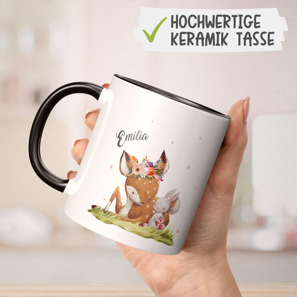 Keramik Tasse Süßes Rehkitz mit Hase im Gras personalisiert mit Wunschname - von Mikalino