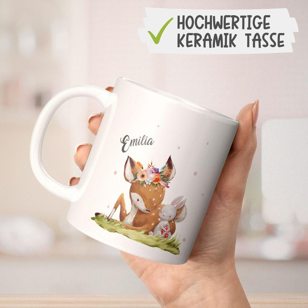 Keramik Tasse Süßes Rehkitz mit Hase im Gras personalisiert mit Wunschname - von Mikalino