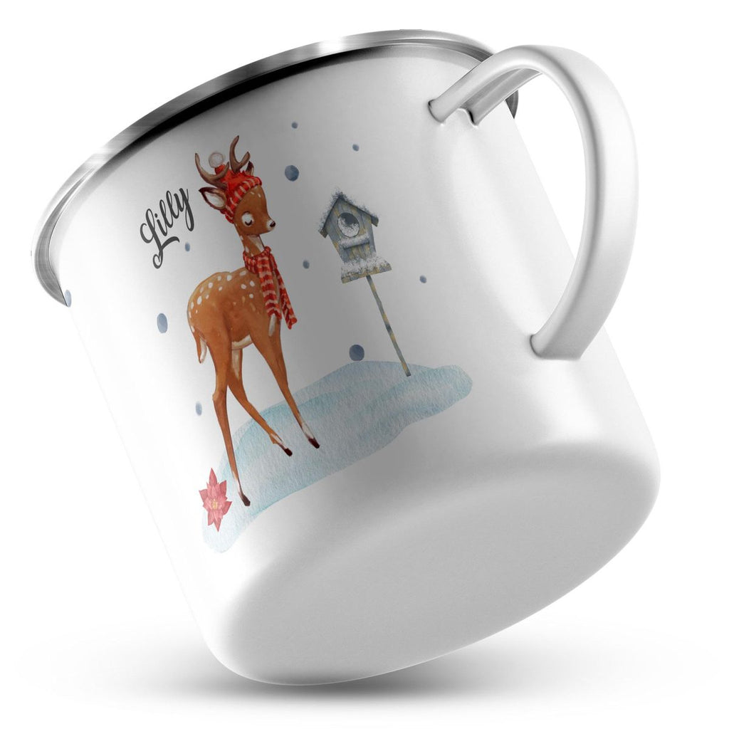 Emaille Tasse Süßes Reh in Winterlandschaft personalisiert mit Wunschname - von Mikalino