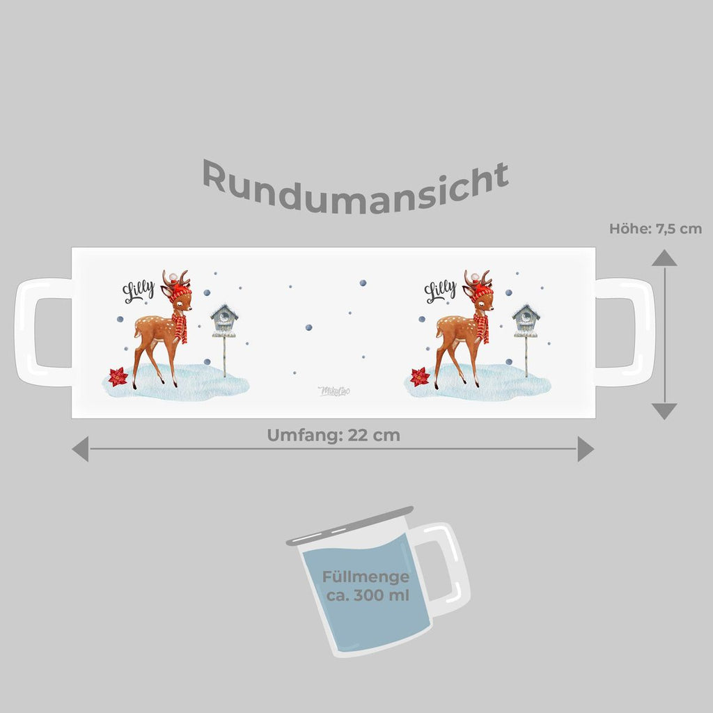 Emaille Tasse Süßes Reh in Winterlandschaft personalisiert mit Wunschname - von Mikalino