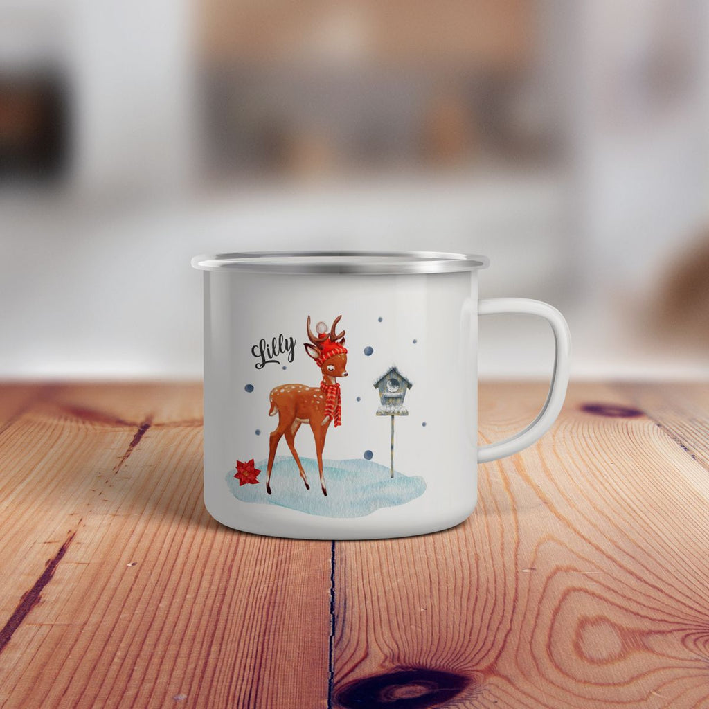 Emaille Tasse Süßes Reh in Winterlandschaft personalisiert mit Wunschname - von Mikalino