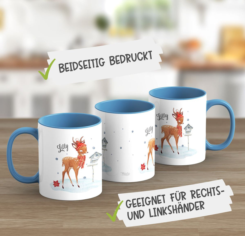 Keramik Tasse Süßes Reh in Winterlandschaft personalisiert mit Wunschname - von Mikalino