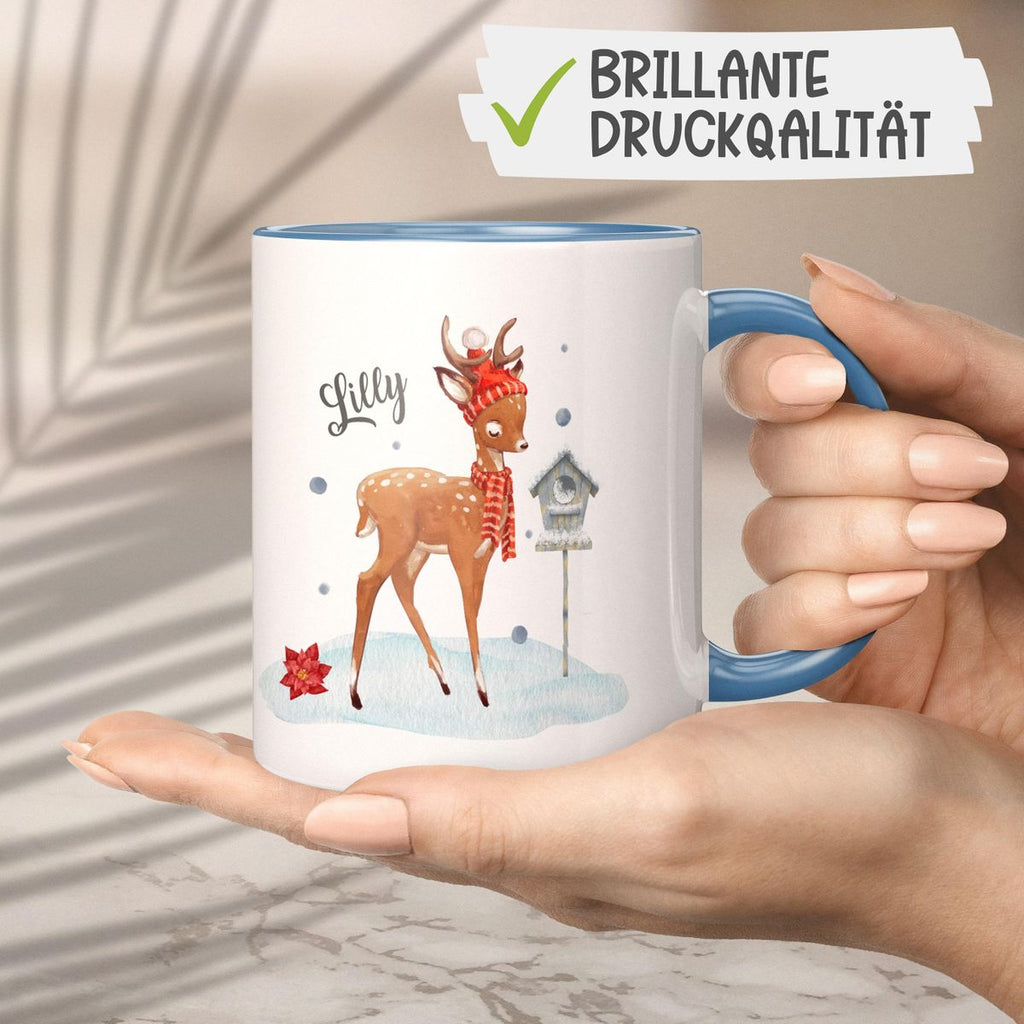 Keramik Tasse Süßes Reh in Winterlandschaft personalisiert mit Wunschname - von Mikalino