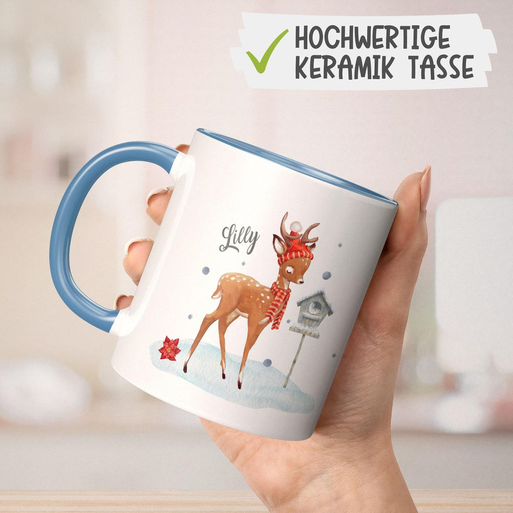 Keramik Tasse Süßes Reh in Winterlandschaft personalisiert mit Wunschname - von Mikalino