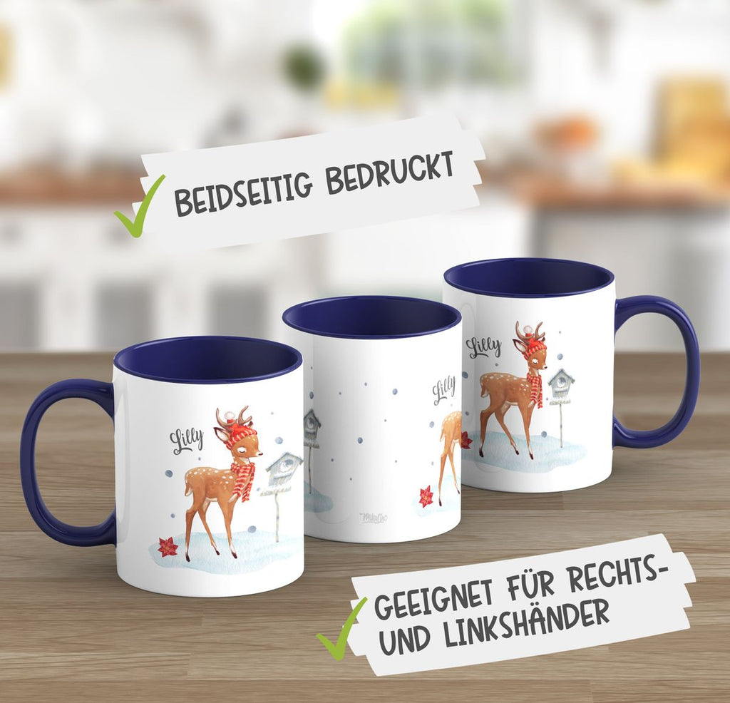 Keramik Tasse Süßes Reh in Winterlandschaft personalisiert mit Wunschname - von Mikalino