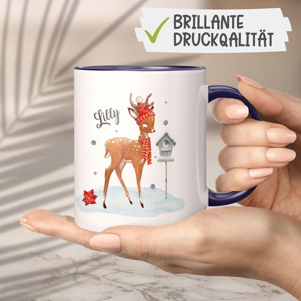 Keramik Tasse Süßes Reh in Winterlandschaft personalisiert mit Wunschname - von Mikalino