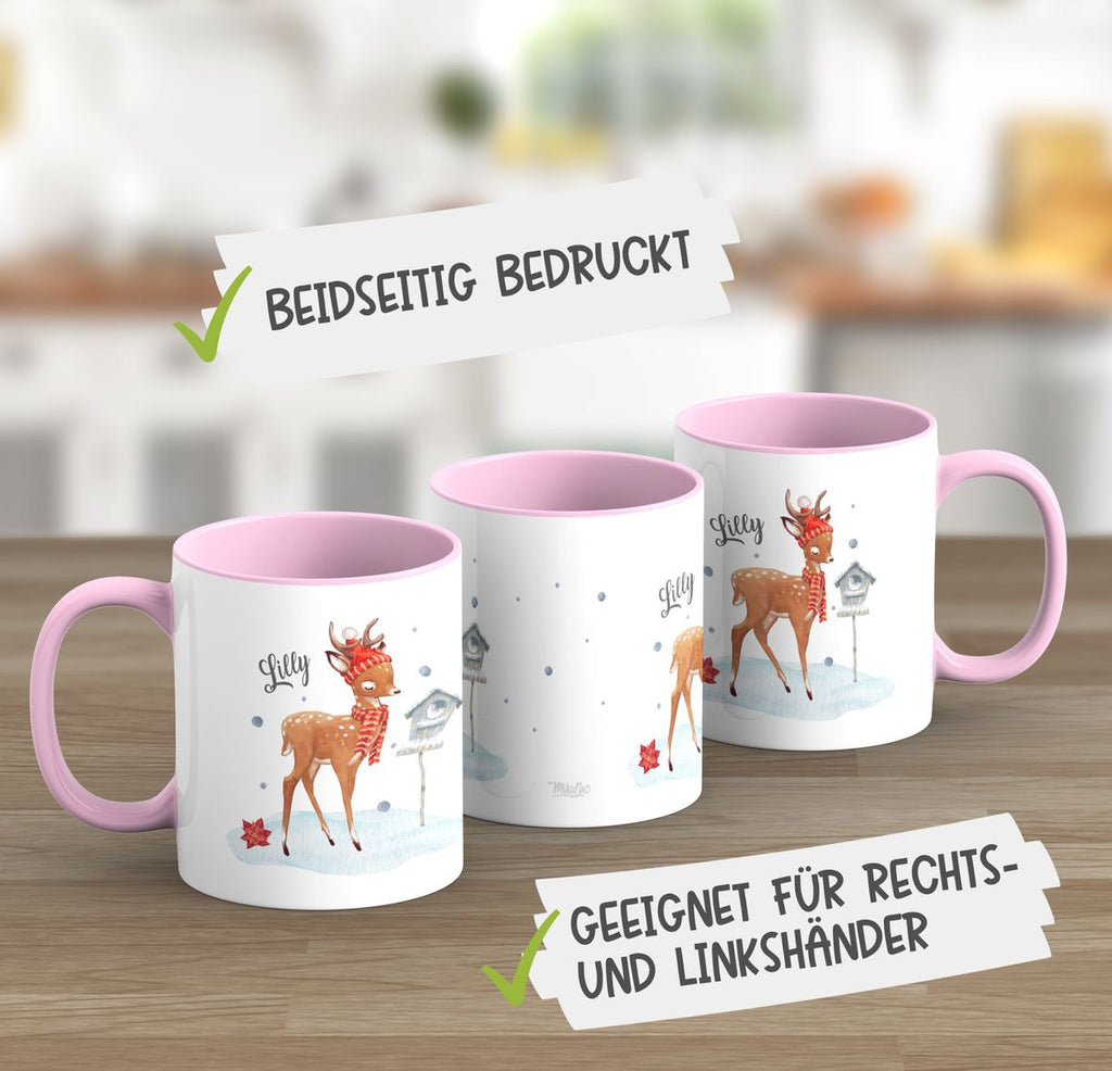 Keramik Tasse Süßes Reh in Winterlandschaft personalisiert mit Wunschname - von Mikalino