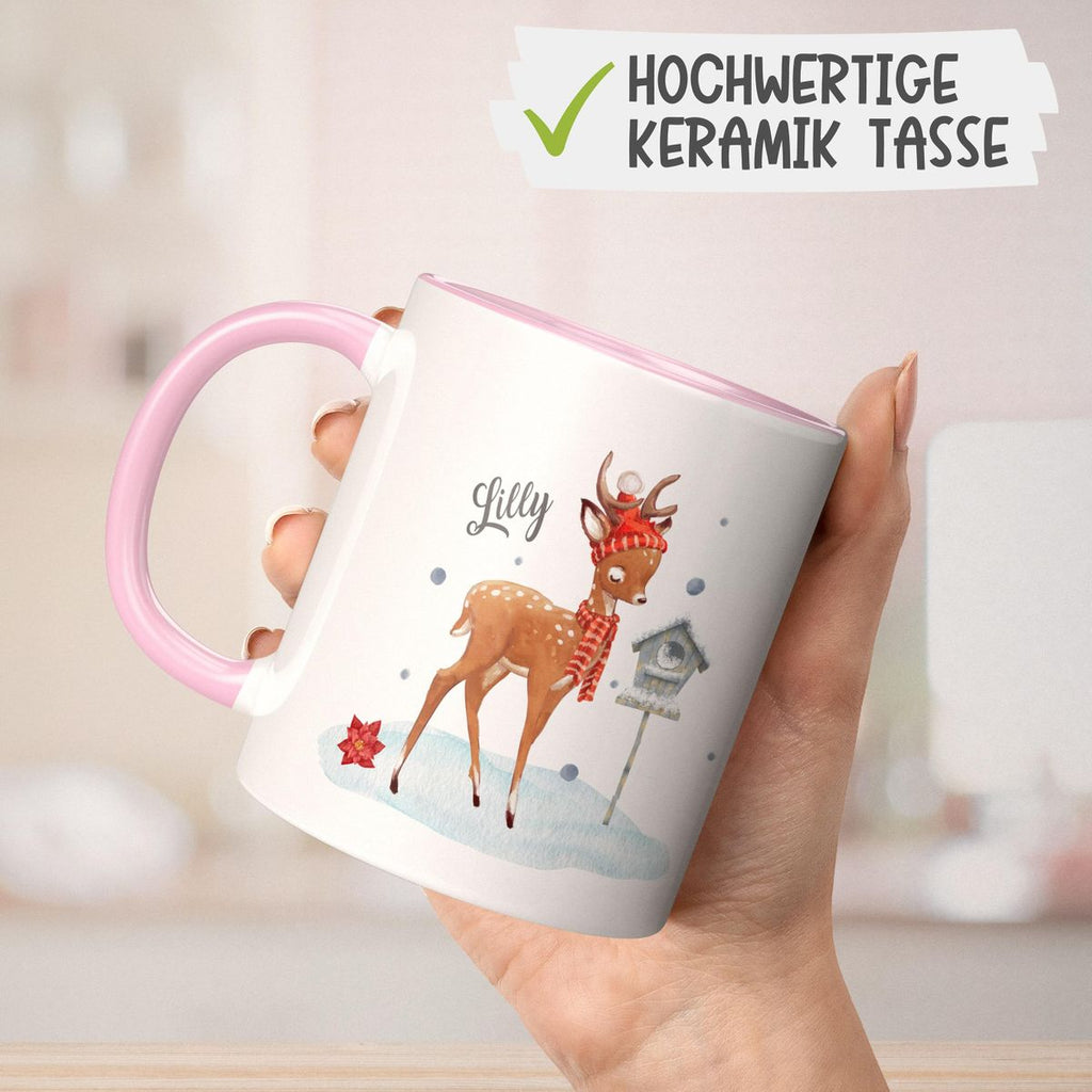 Keramik Tasse Süßes Reh in Winterlandschaft personalisiert mit Wunschname - von Mikalino