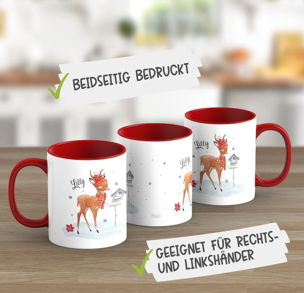 Keramik Tasse Süßes Reh in Winterlandschaft personalisiert mit Wunschname - von Mikalino