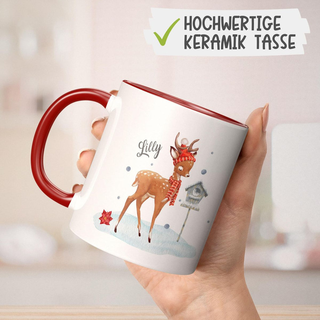 Keramik Tasse Süßes Reh in Winterlandschaft personalisiert mit Wunschname - von Mikalino