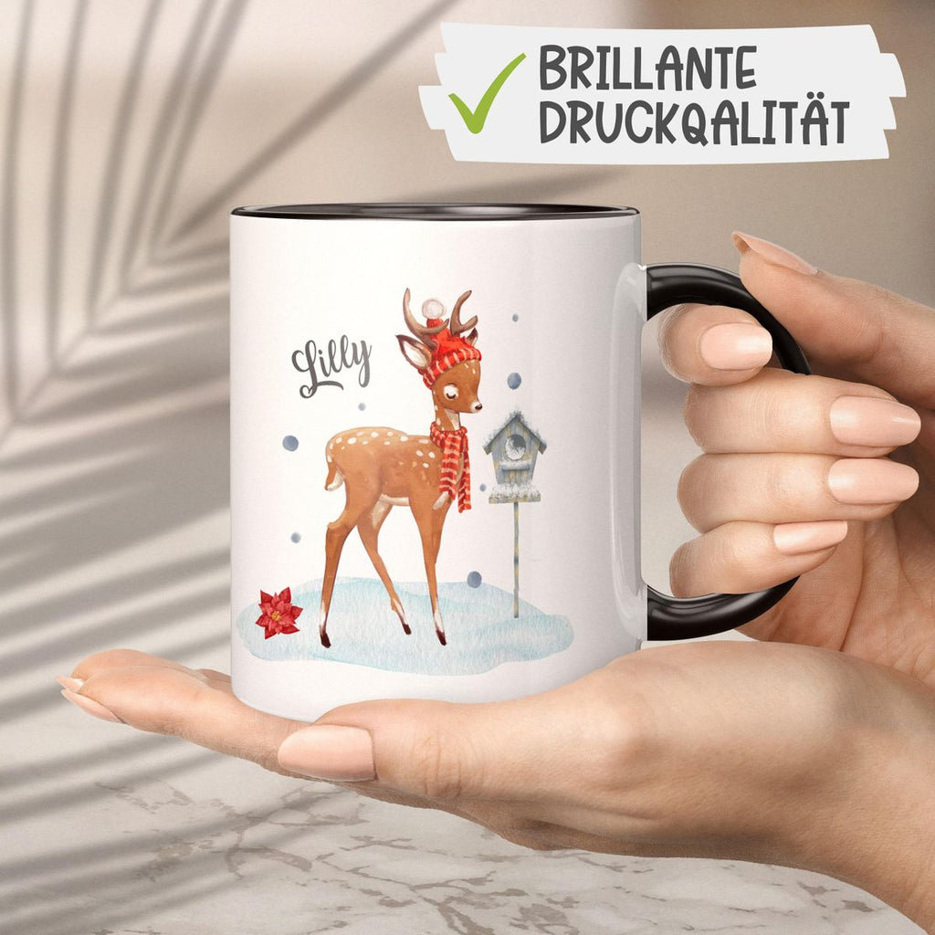 Keramik Tasse Süßes Reh in Winterlandschaft personalisiert mit Wunschname - von Mikalino