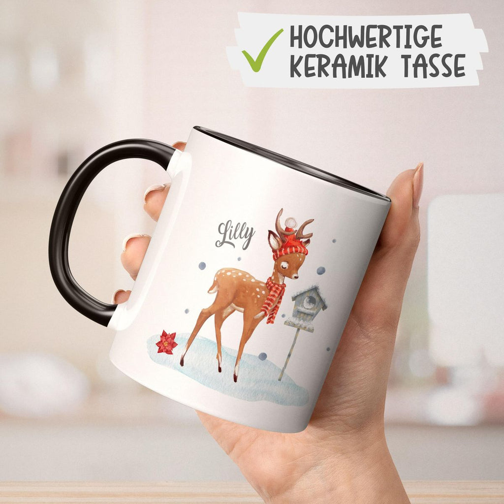 Keramik Tasse Süßes Reh in Winterlandschaft personalisiert mit Wunschname - von Mikalino