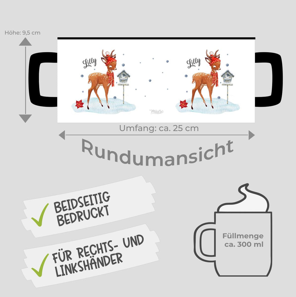 Keramik Tasse Süßes Reh in Winterlandschaft personalisiert mit Wunschname - von Mikalino