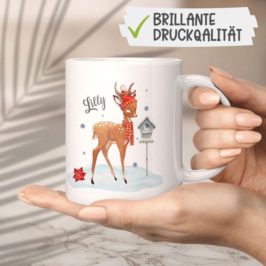 Keramik Tasse Süßes Reh in Winterlandschaft personalisiert mit Wunschname - von Mikalino