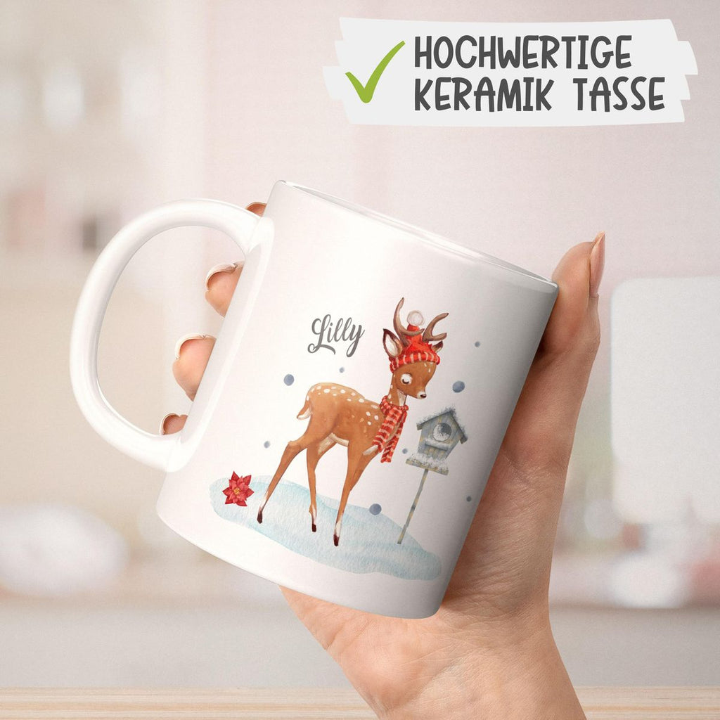 Keramik Tasse Süßes Reh in Winterlandschaft personalisiert mit Wunschname - von Mikalino