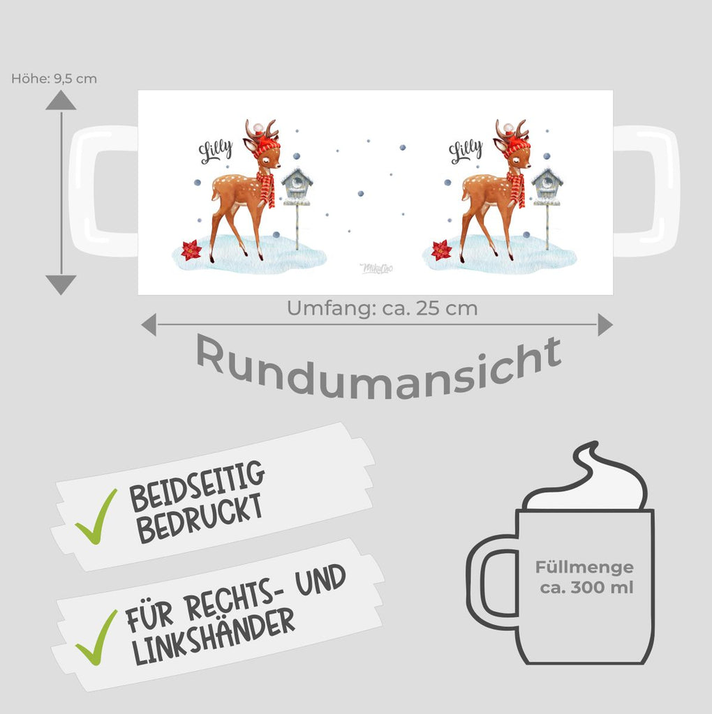 Keramik Tasse Süßes Reh in Winterlandschaft personalisiert mit Wunschname - von Mikalino