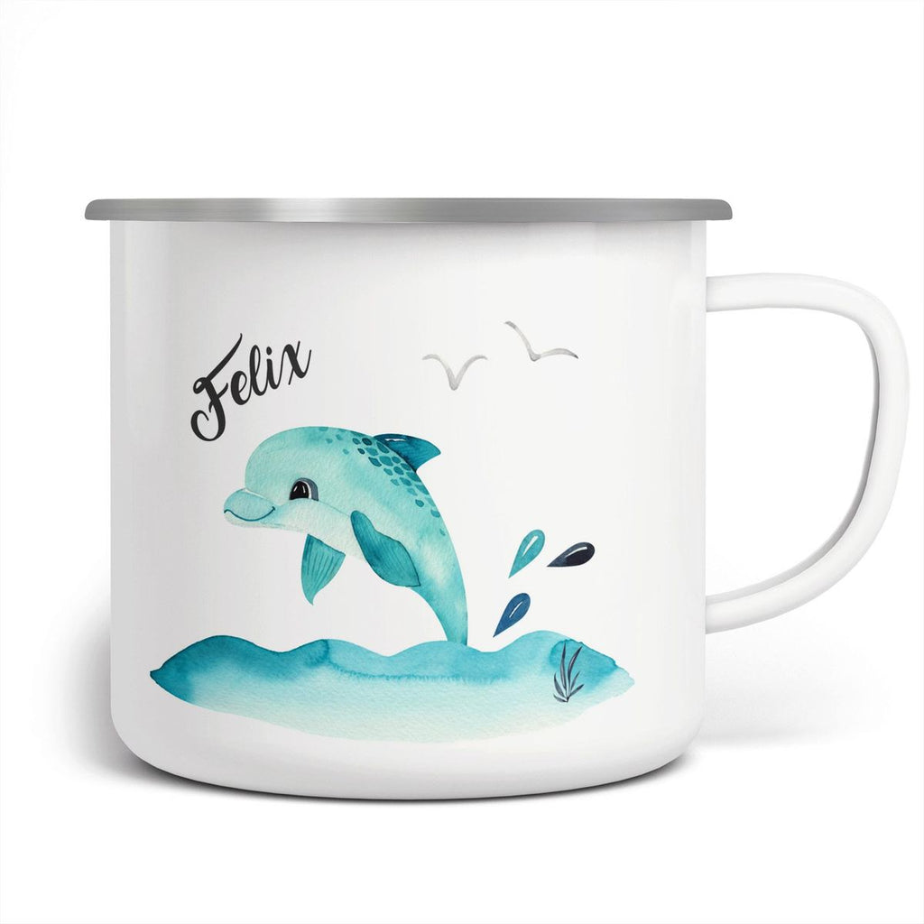 Emaille Tasse Niedlicher Delphin personalisiert mit Wunschname - von Mikalino