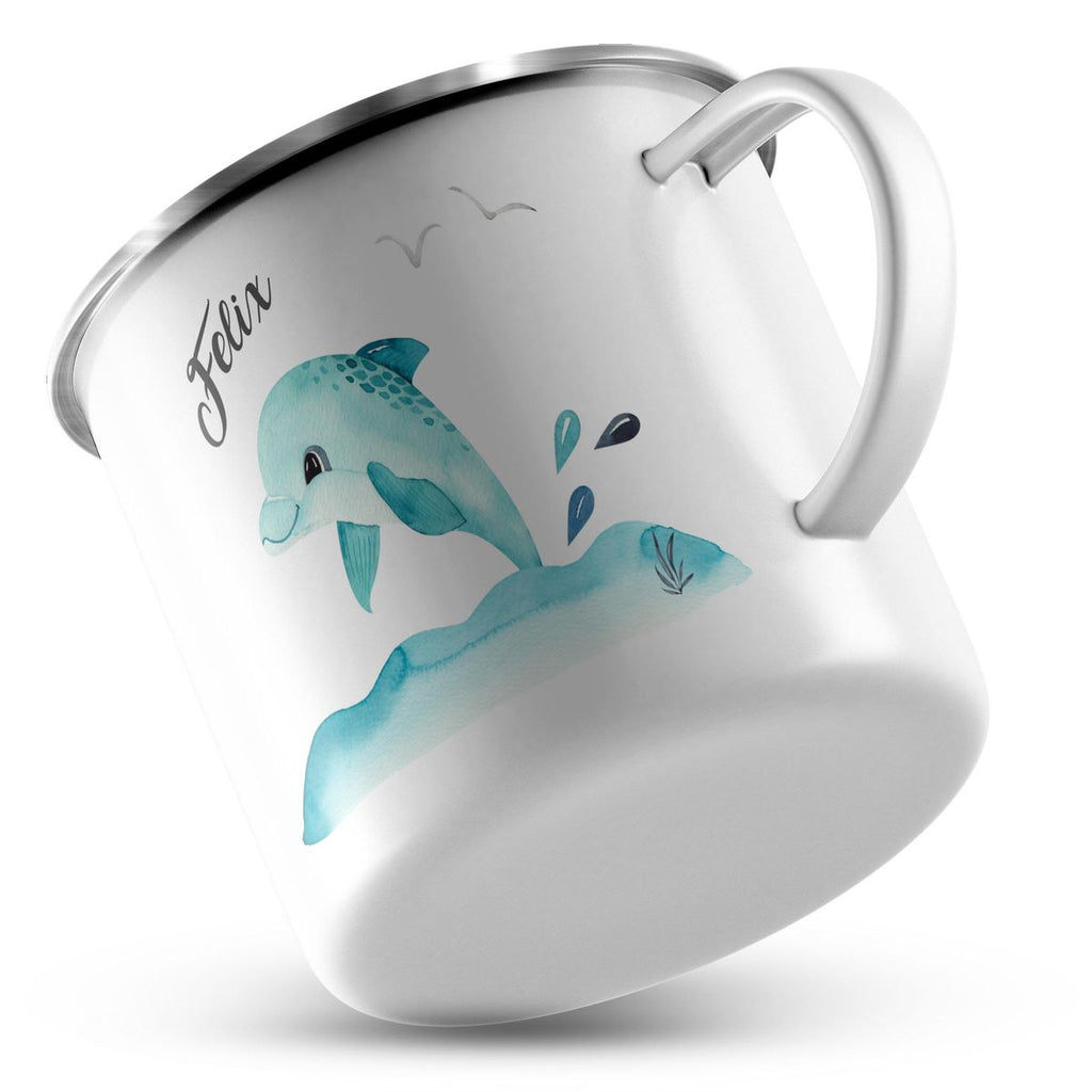 Emaille Tasse Niedlicher Delphin personalisiert mit Wunschname - von Mikalino