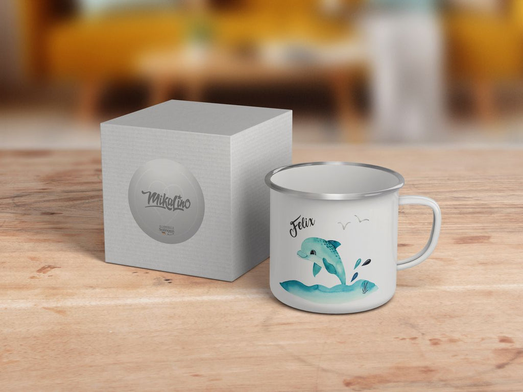 Emaille Tasse Niedlicher Delphin personalisiert mit Wunschname - von Mikalino