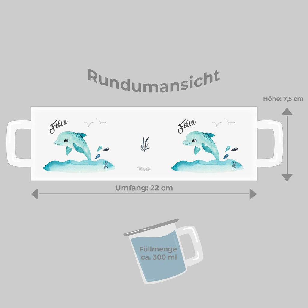 Emaille Tasse Niedlicher Delphin personalisiert mit Wunschname - von Mikalino