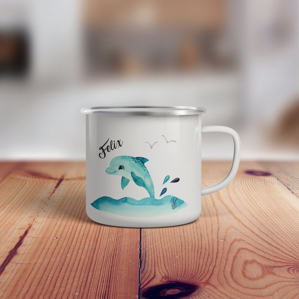 Emaille Tasse Niedlicher Delphin personalisiert mit Wunschname - von Mikalino